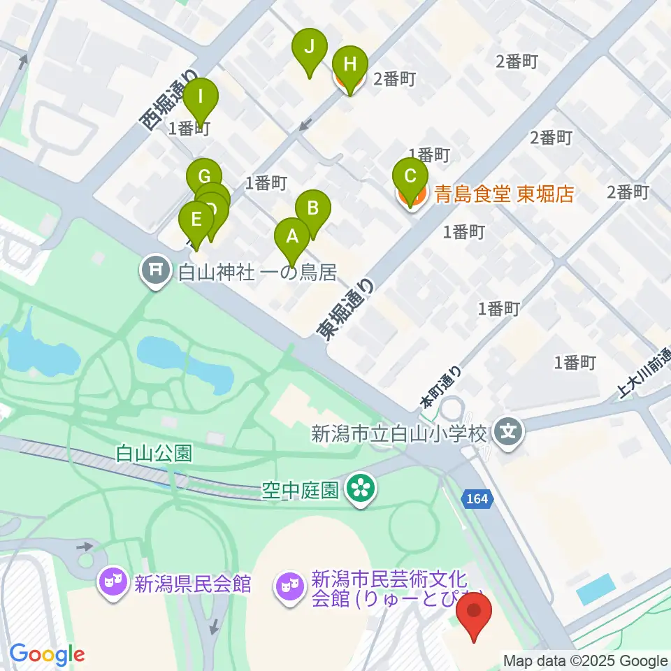 新潟市音楽文化会館周辺のファミレス・ファーストフード一覧地図