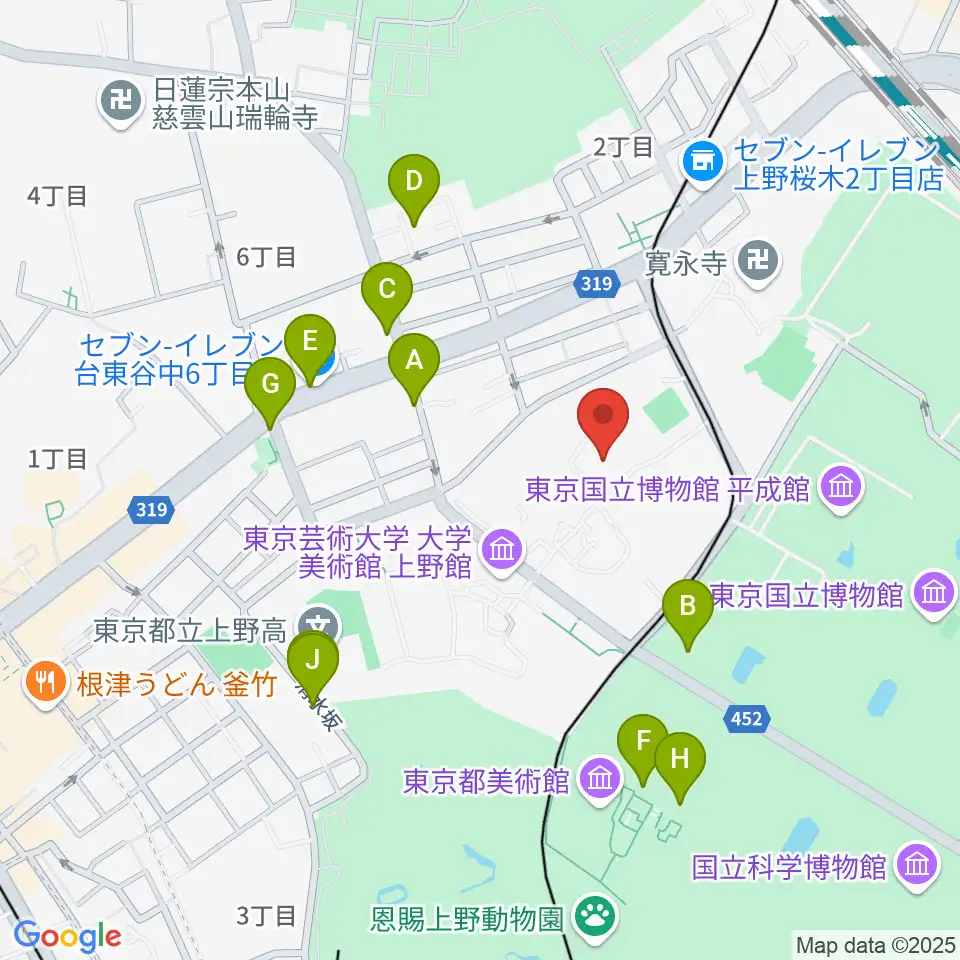 東京藝術大学奏楽堂周辺のファミレス・ファーストフード一覧地図