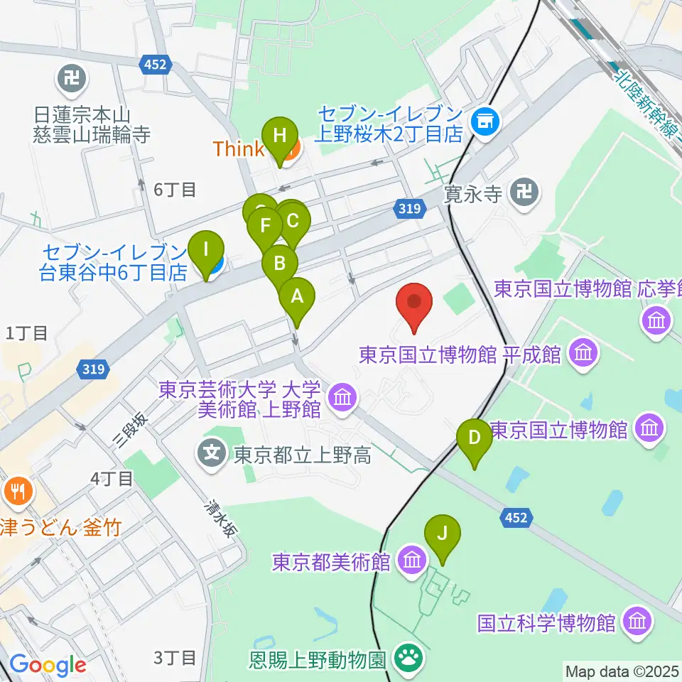 東京藝術大学奏楽堂周辺のファミレス・ファーストフード一覧地図