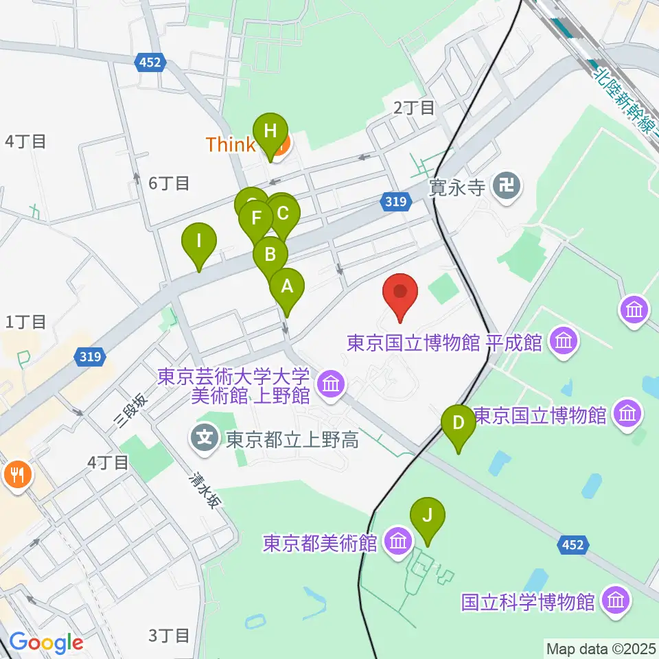 東京藝術大学奏楽堂周辺のファミレス・ファーストフード一覧地図