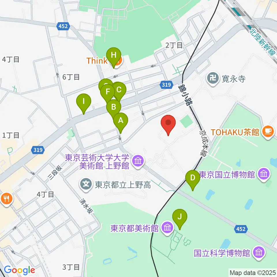 東京藝術大学奏楽堂周辺のファミレス・ファーストフード一覧地図