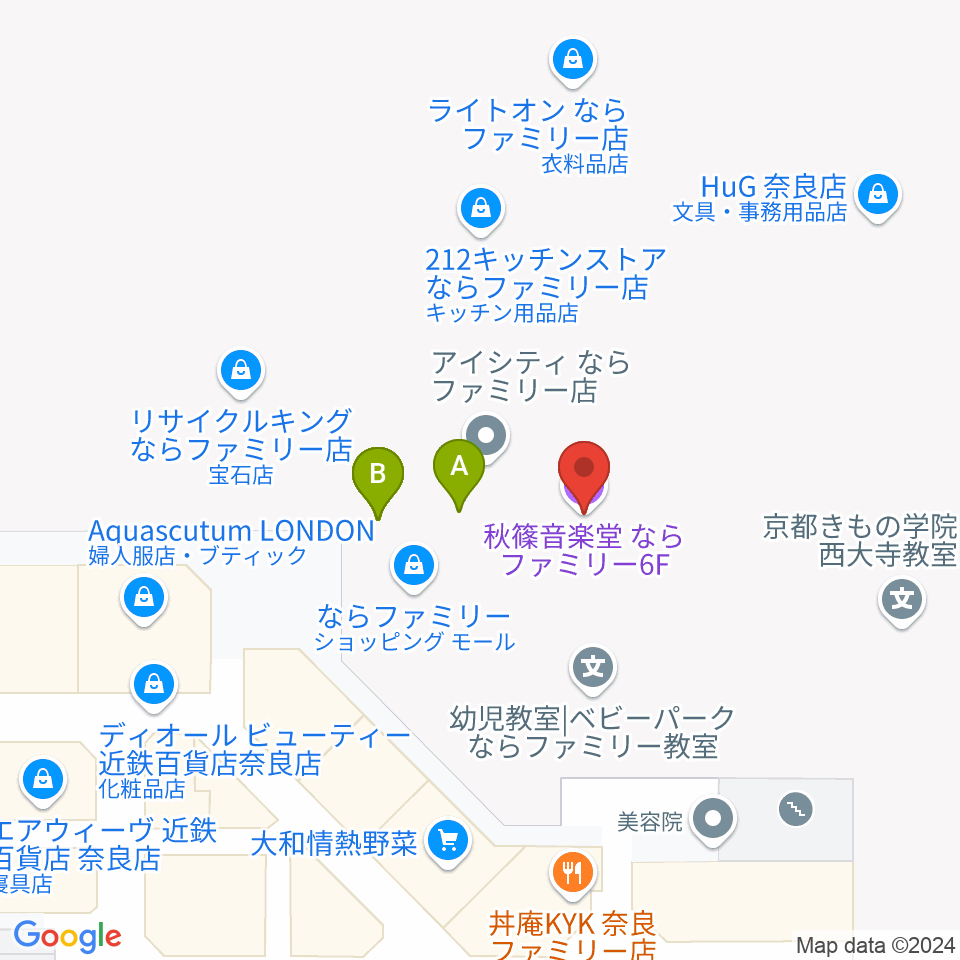 秋篠音楽堂周辺のファミレス・ファーストフード一覧地図