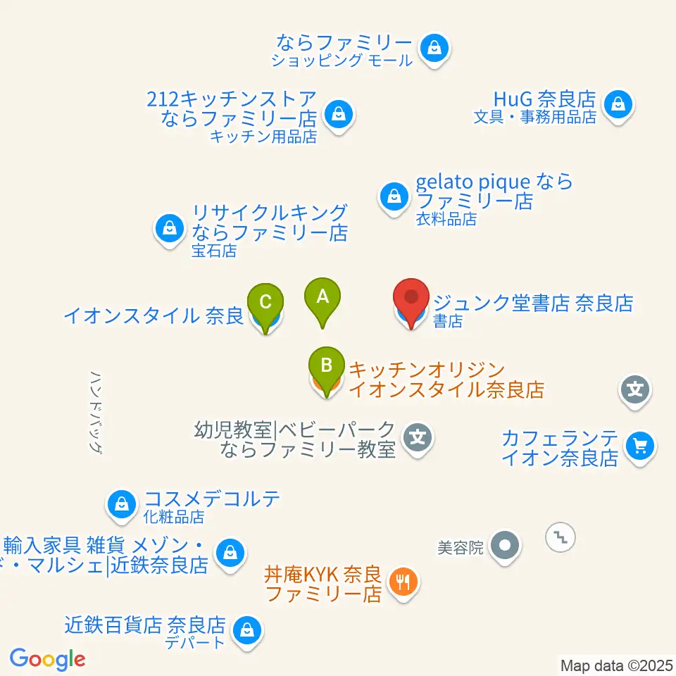 秋篠音楽堂周辺のファミレス・ファーストフード一覧地図