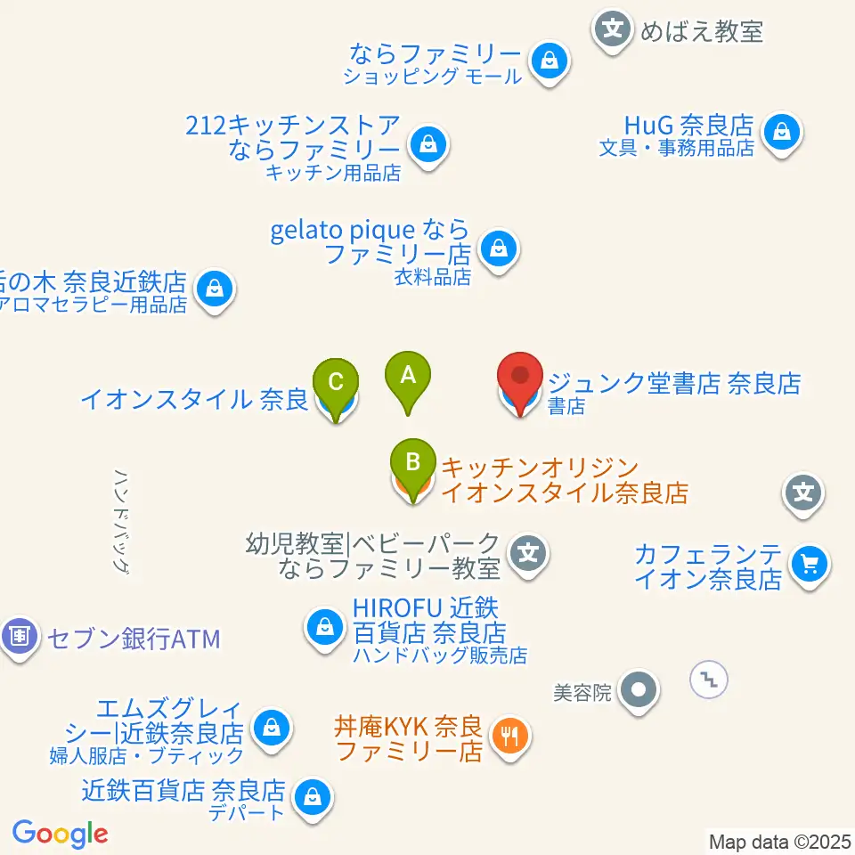 秋篠音楽堂周辺のファミレス・ファーストフード一覧地図