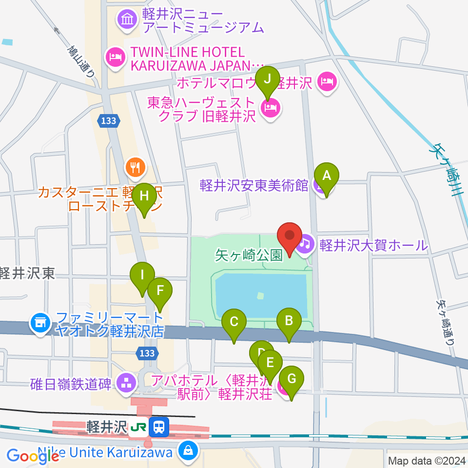 軽井沢大賀ホール周辺のファミレス・ファーストフード一覧地図