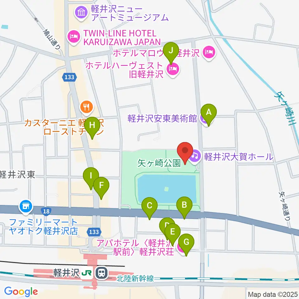 軽井沢大賀ホール周辺のファミレス・ファーストフード一覧地図