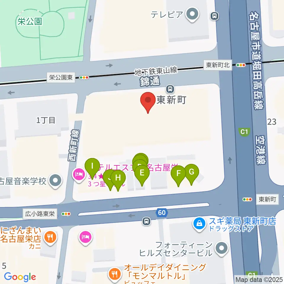 中電ホール周辺のファミレス・ファーストフード一覧地図
