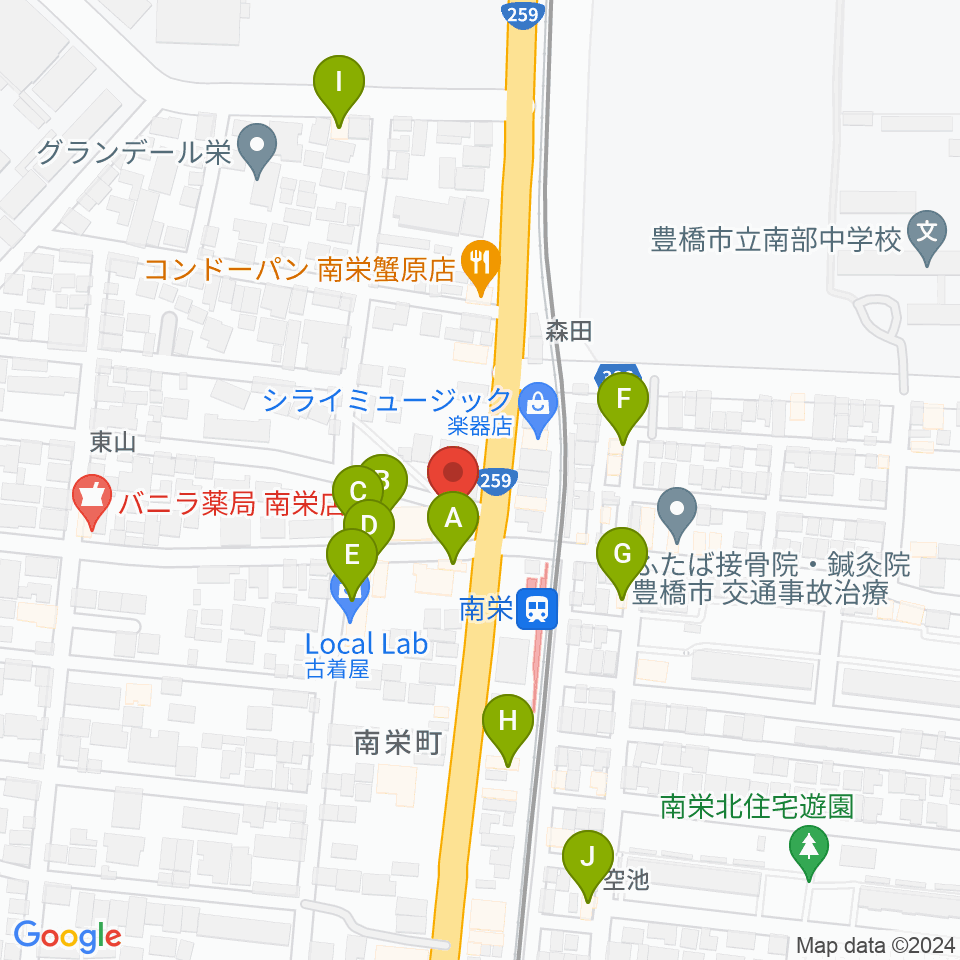 豊橋オレンジピット周辺のファミレス・ファーストフード一覧地図