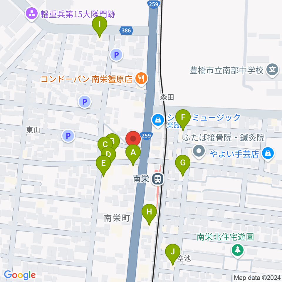 豊橋オレンジピット周辺のファミレス・ファーストフード一覧地図