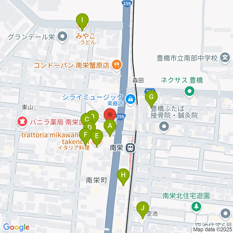 豊橋オレンジピット周辺のファミレス・ファーストフード一覧地図