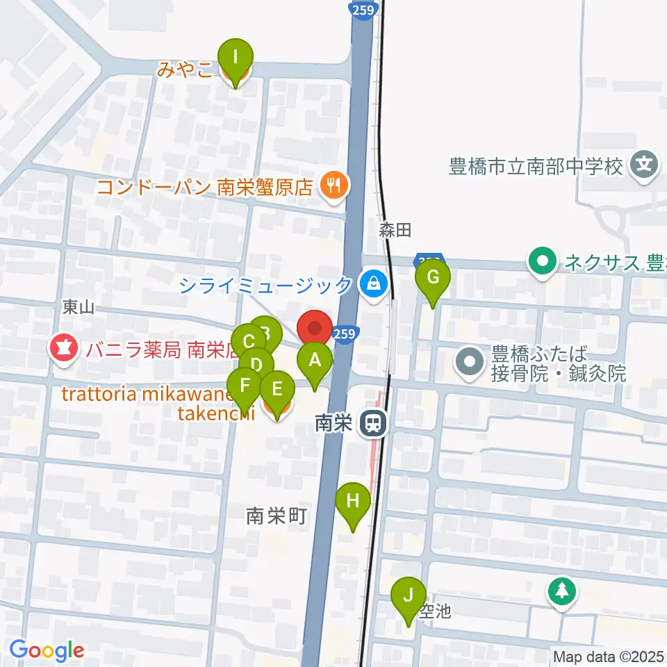豊橋オレンジピット周辺のファミレス・ファーストフード一覧地図