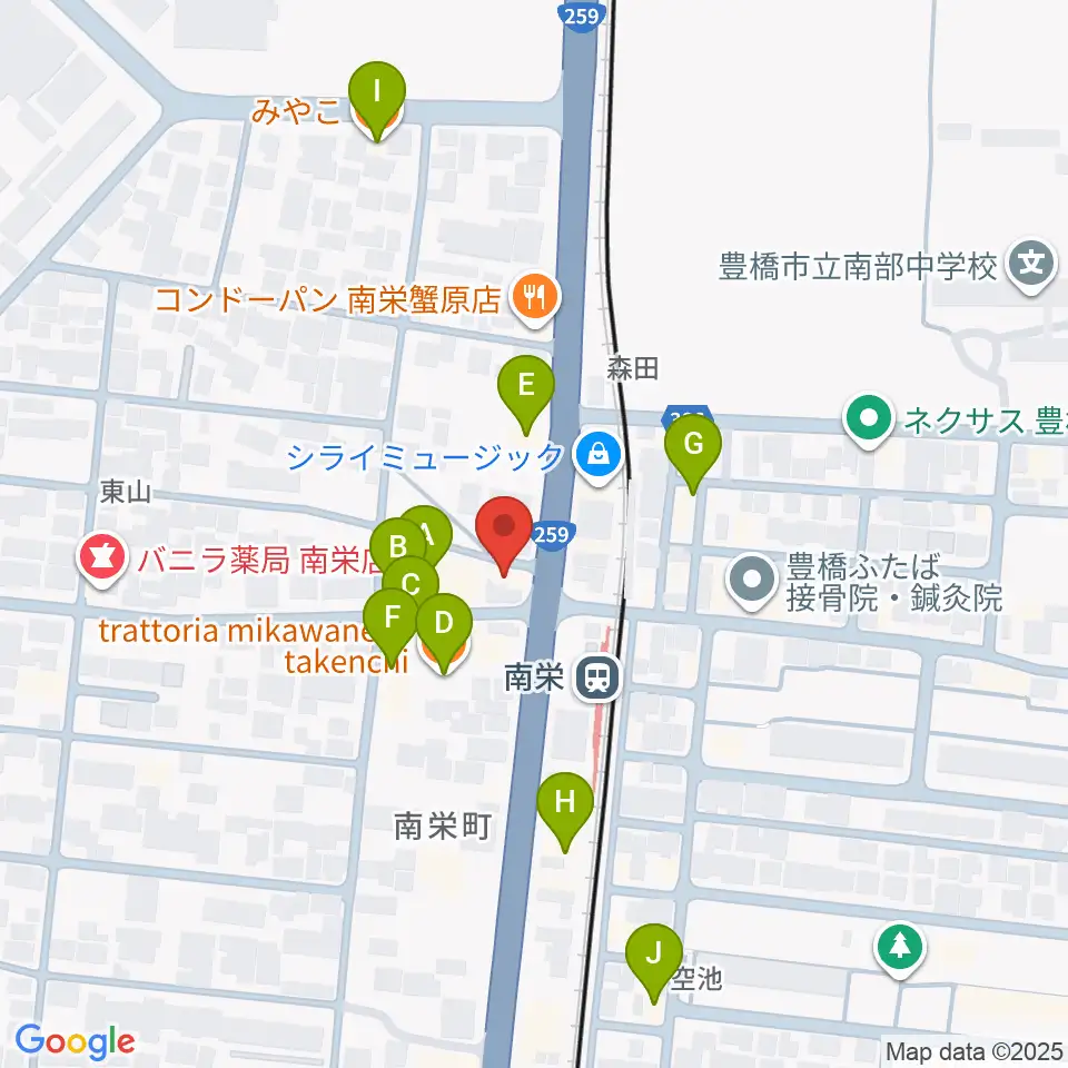 豊橋オレンジピット周辺のファミレス・ファーストフード一覧地図
