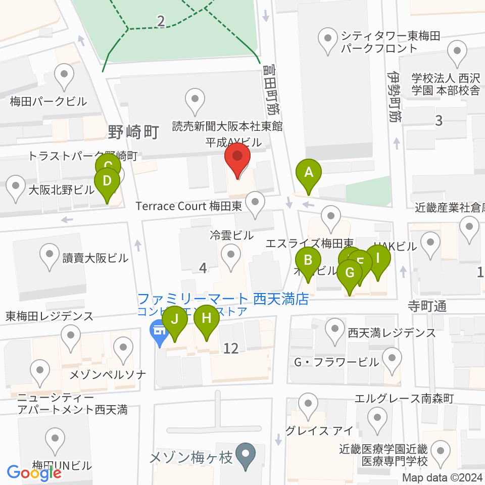 ボイトレ大阪 F-COMMUNITY周辺のファミレス・ファーストフード一覧地図