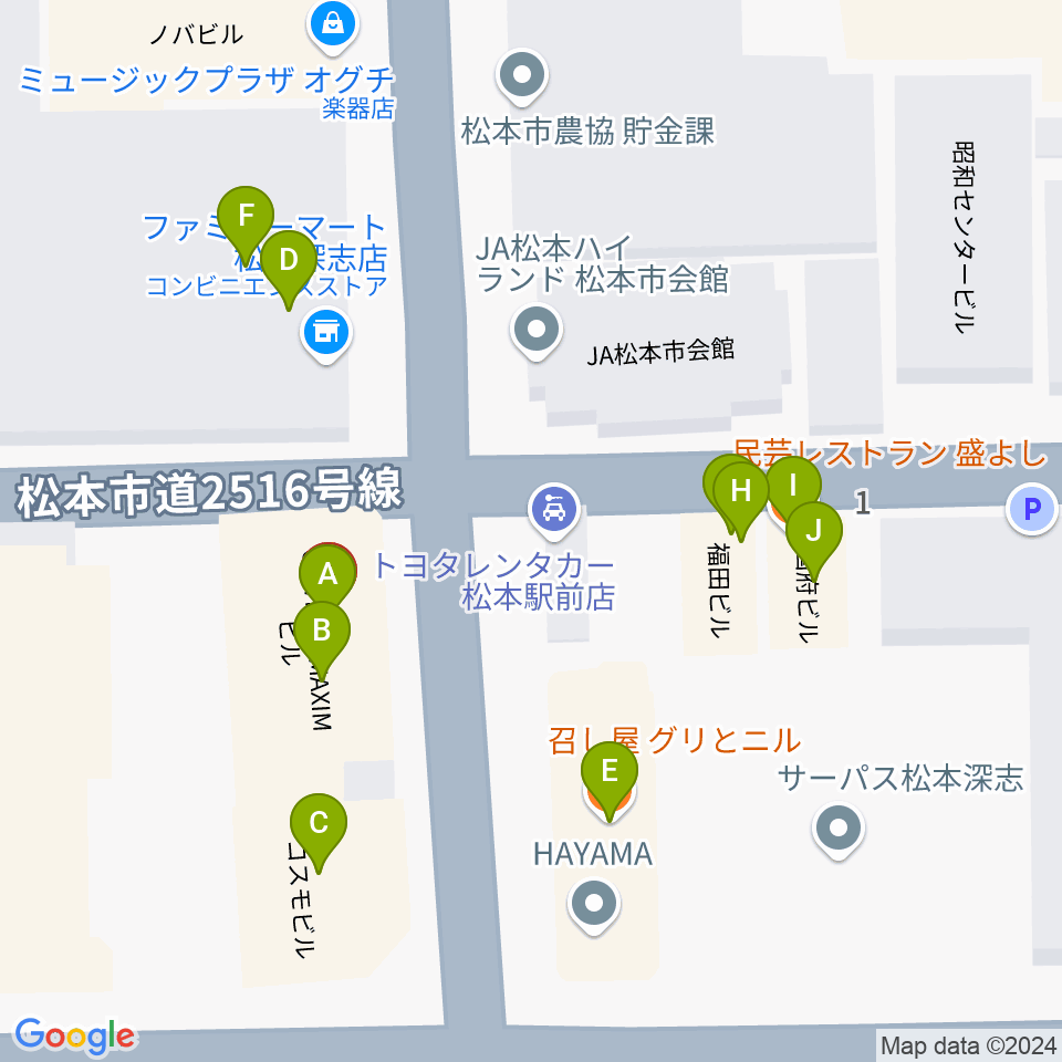 松本MOLE HALL周辺のファミレス・ファーストフード一覧地図