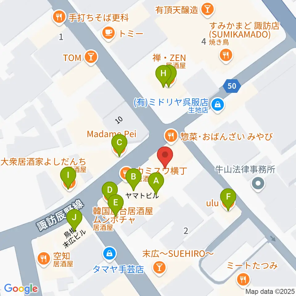 上諏訪クラブロックハーツ周辺のファミレス・ファーストフード一覧地図