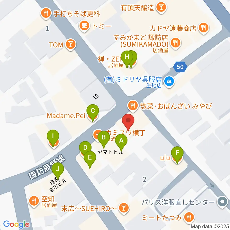 上諏訪クラブロックハーツ周辺のファミレス・ファーストフード一覧地図