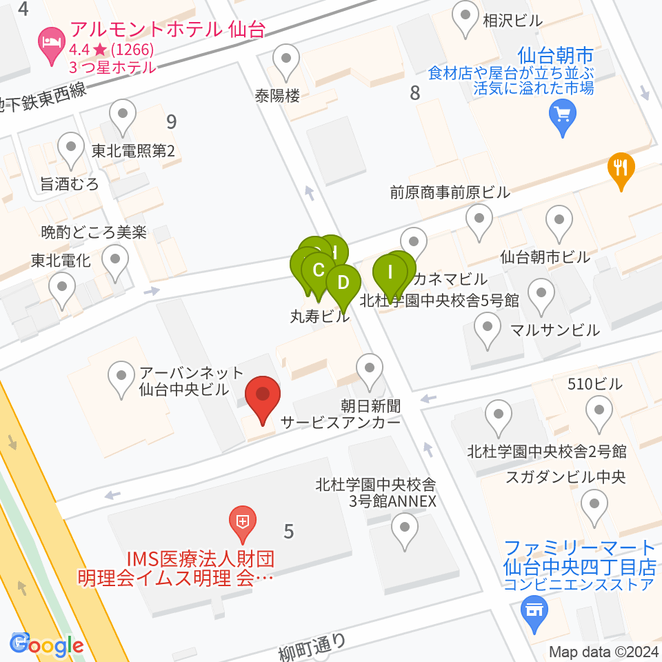 仙台中央音楽センター 音楽教室周辺のファミレス・ファーストフード一覧地図