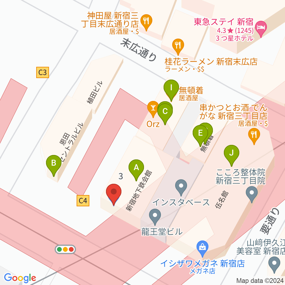 イシバシ楽器 新宿店周辺のファミレス・ファーストフード一覧地図
