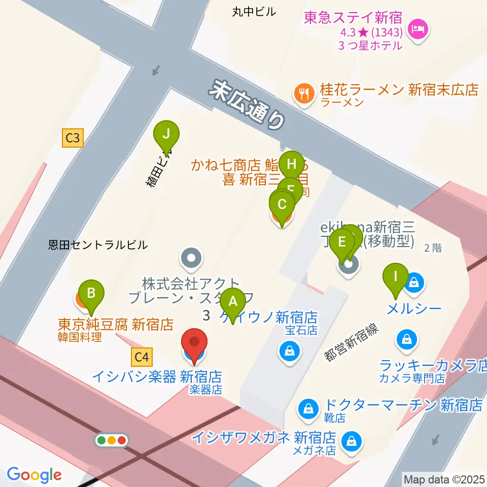 イシバシ楽器 新宿店周辺のファミレス・ファーストフード一覧地図