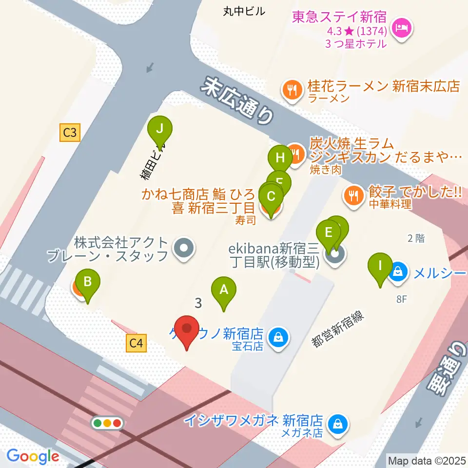 イシバシ楽器 新宿店周辺のファミレス・ファーストフード一覧地図