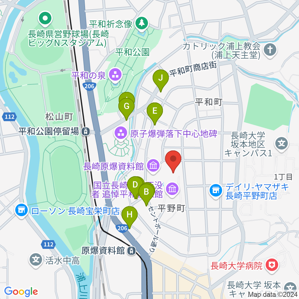 平和会館ホール周辺のファミレス・ファーストフード一覧地図