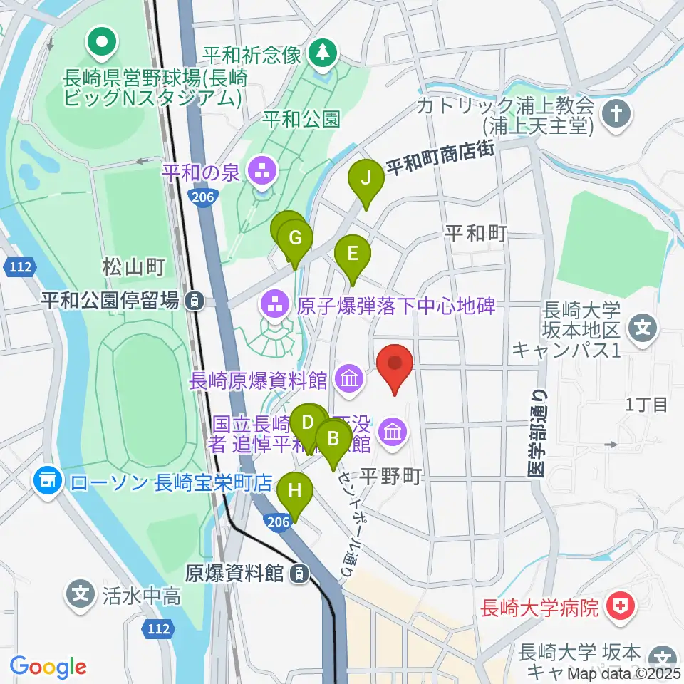 平和会館ホール周辺のファミレス・ファーストフード一覧地図
