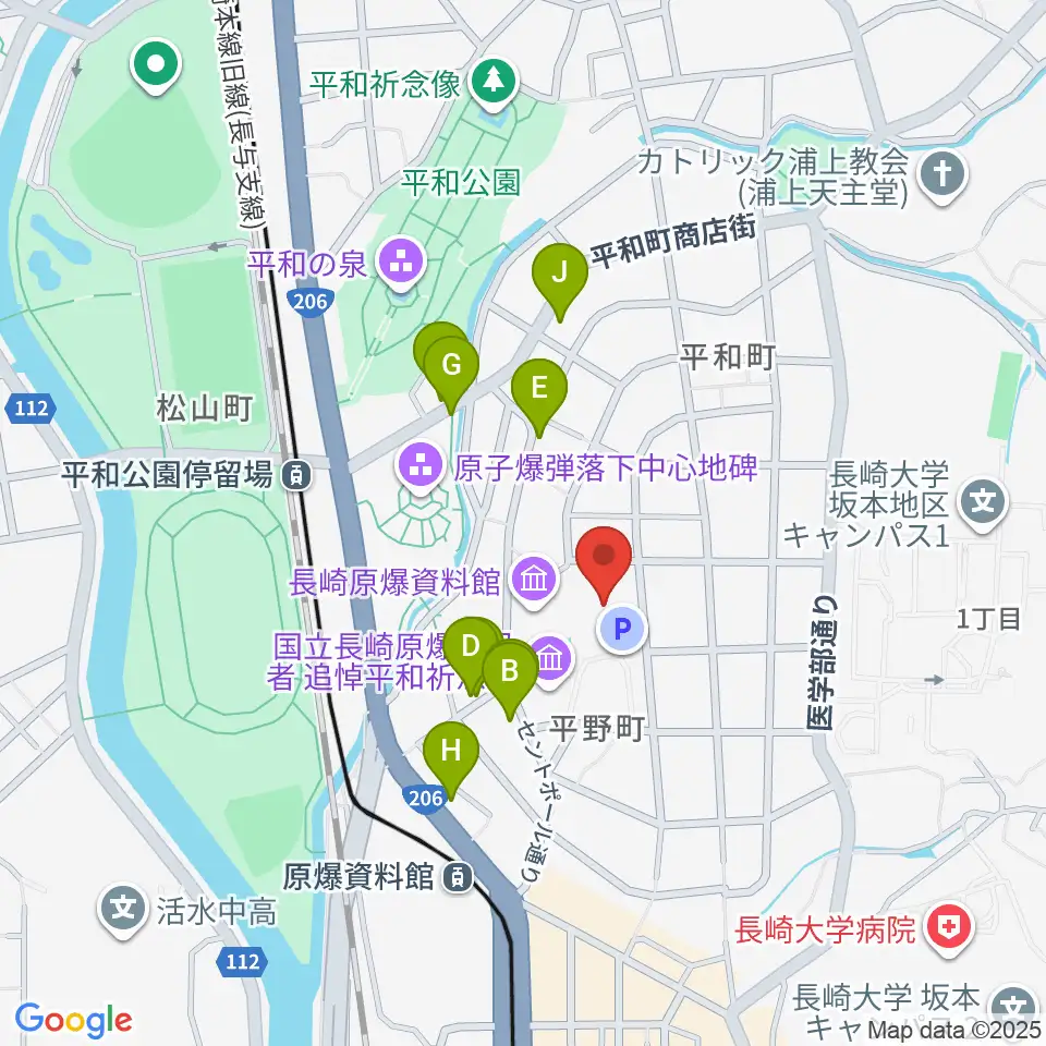 平和会館ホール周辺のファミレス・ファーストフード一覧地図