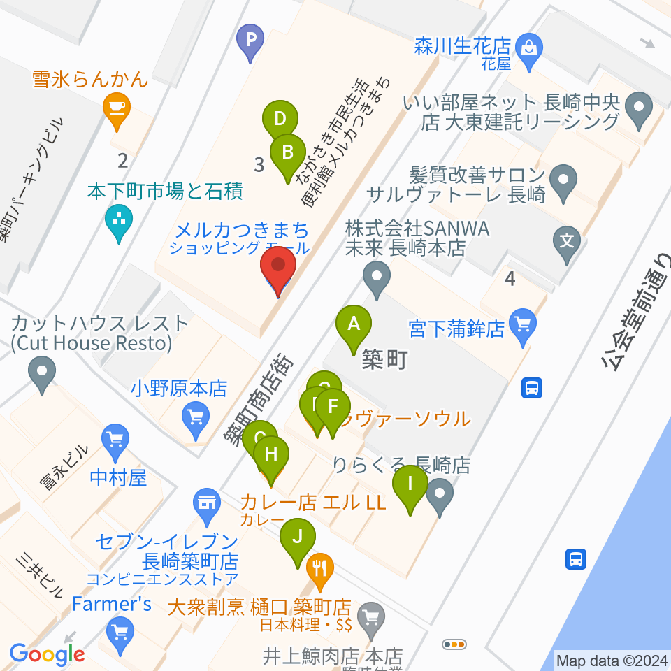 メルカつきまちホール周辺のファミレス・ファーストフード一覧地図