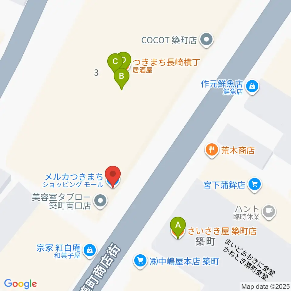 メルカつきまちホール周辺のファミレス・ファーストフード一覧地図