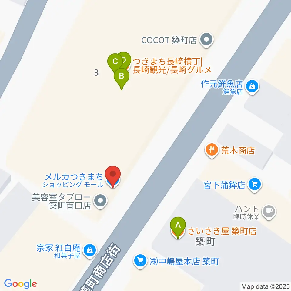 メルカつきまちホール周辺のファミレス・ファーストフード一覧地図