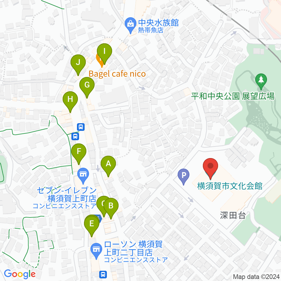 横須賀市文化会館周辺のファミレス・ファーストフード一覧地図