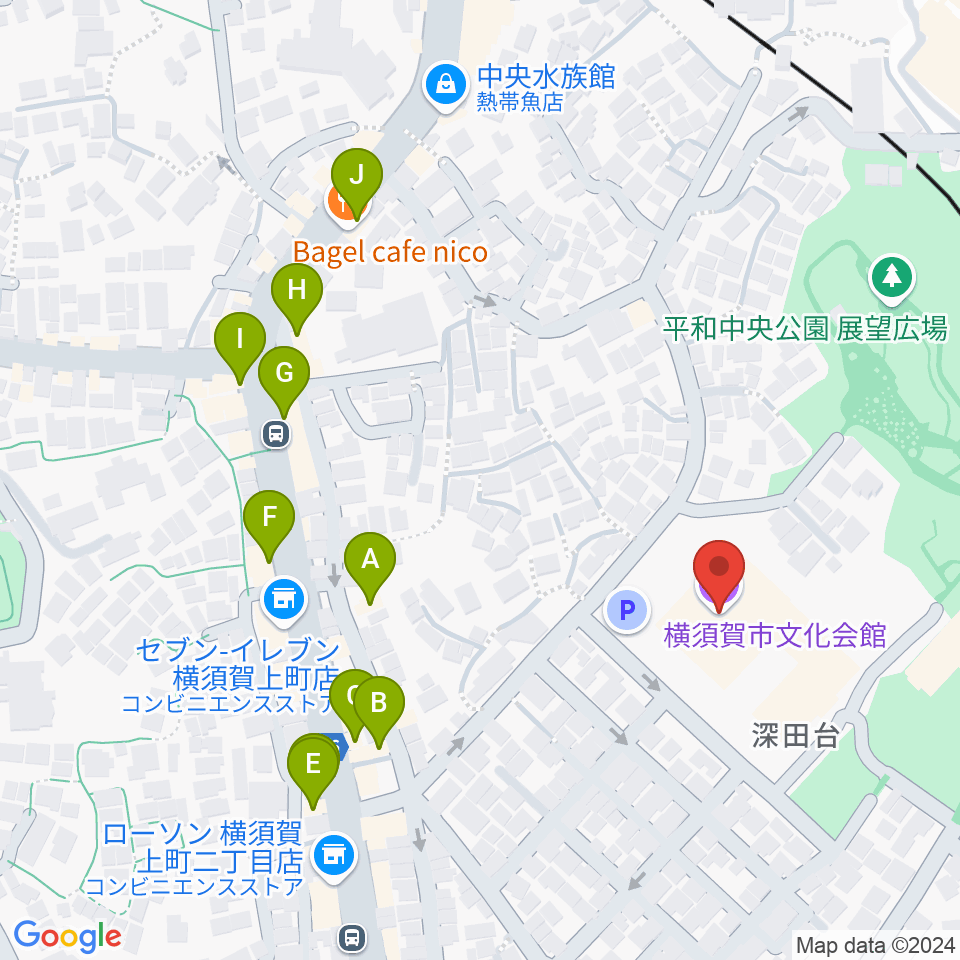 横須賀市文化会館周辺のファミレス・ファーストフード一覧地図