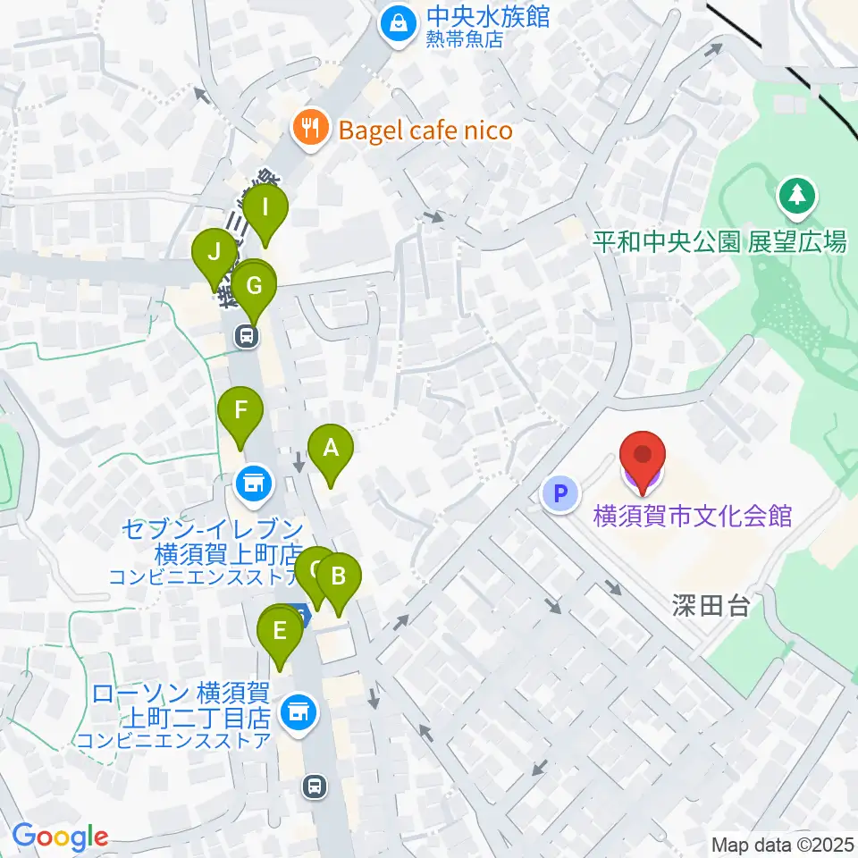 横須賀市文化会館周辺のファミレス・ファーストフード一覧地図