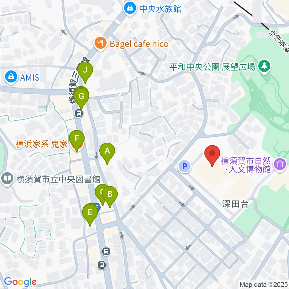 横須賀市文化会館周辺のファミレス・ファーストフード一覧地図