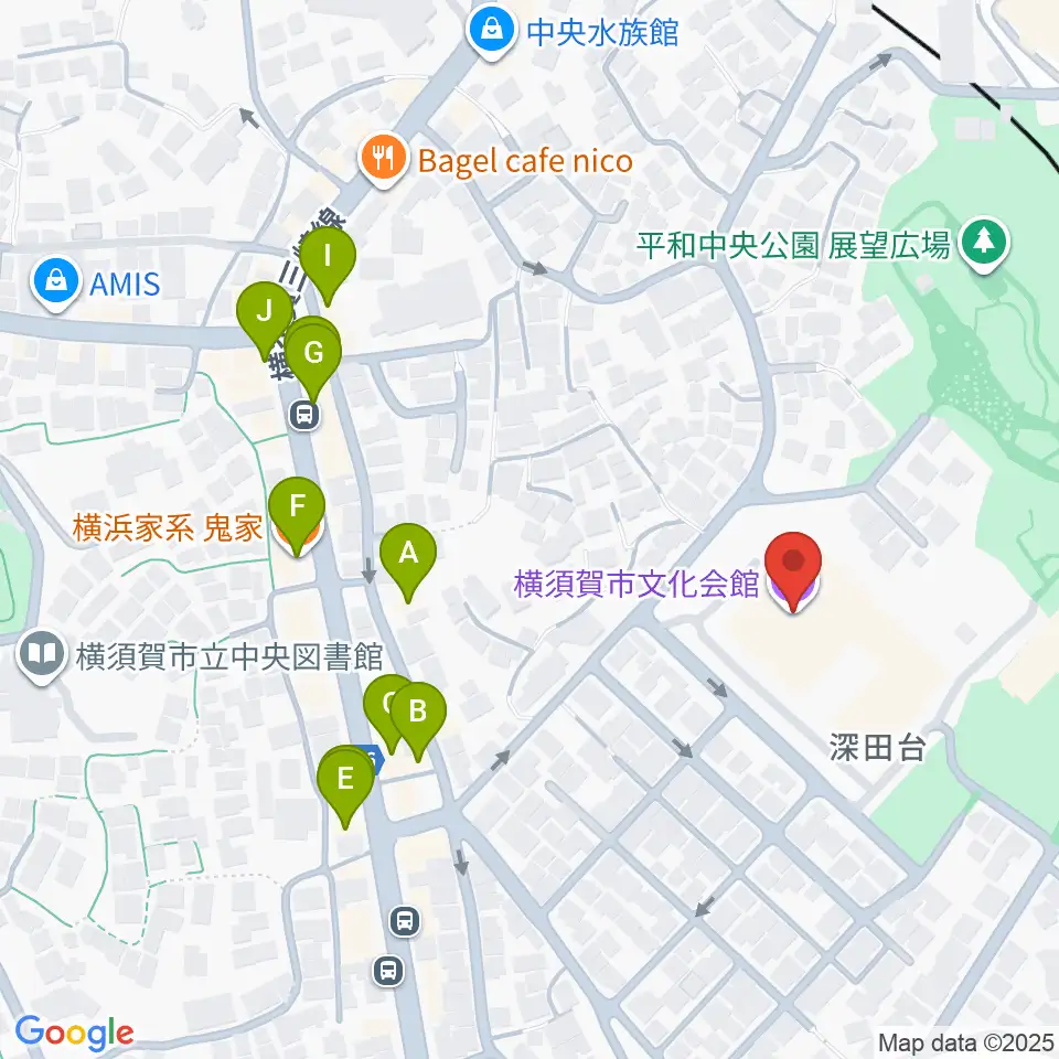 横須賀市文化会館周辺のファミレス・ファーストフード一覧地図