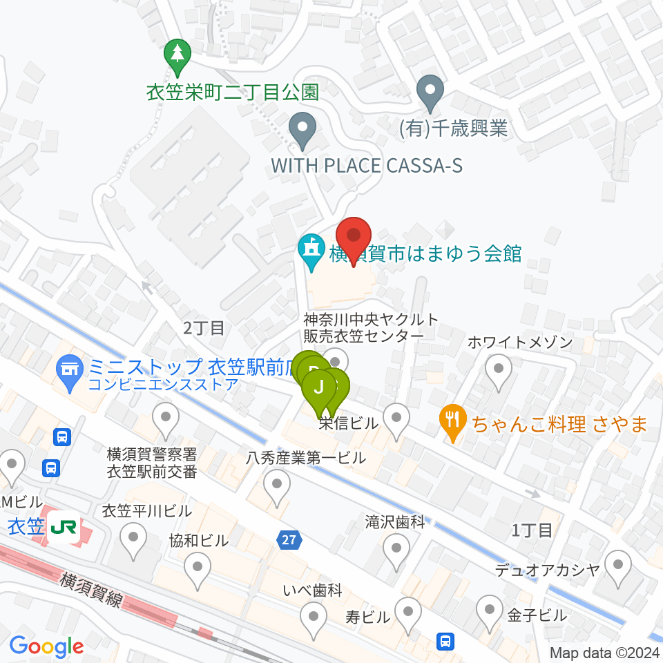 横須賀市はまゆう会館周辺のファミレス・ファーストフード一覧地図