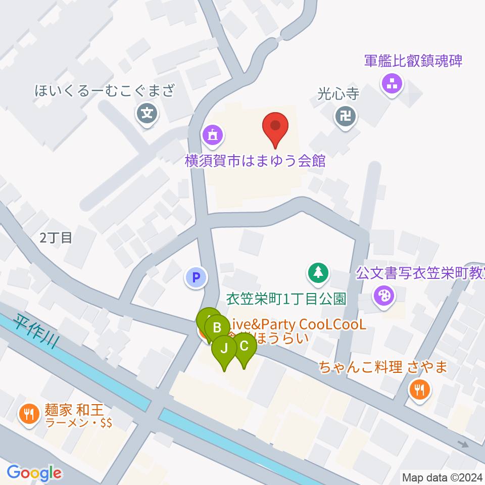 横須賀市はまゆう会館周辺のファミレス・ファーストフード一覧地図