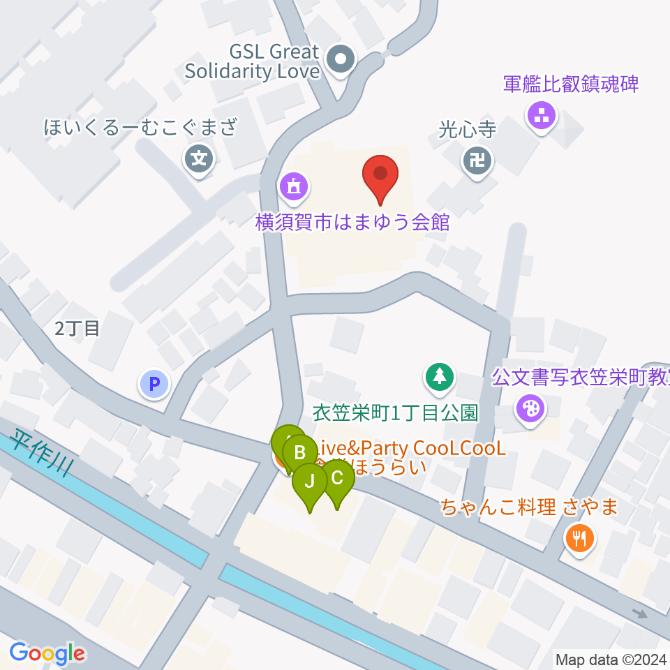 横須賀市はまゆう会館周辺のファミレス・ファーストフード一覧地図