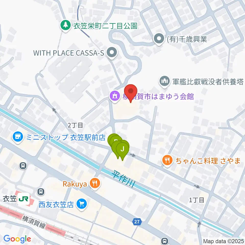 横須賀市はまゆう会館周辺のファミレス・ファーストフード一覧地図