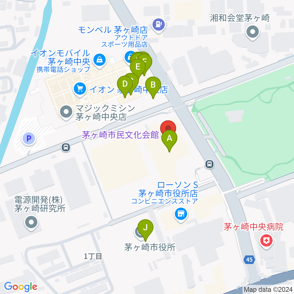 茅ヶ崎市民文化会館周辺のファミレス・ファーストフード一覧地図