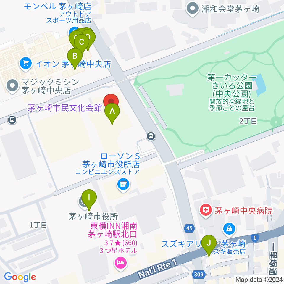 茅ヶ崎市民文化会館周辺のファミレス・ファーストフード一覧地図