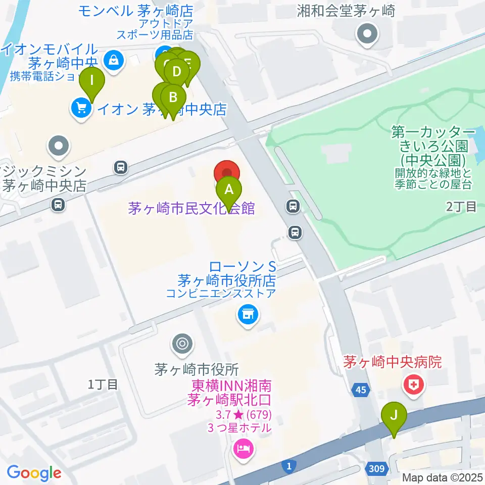 茅ヶ崎市民文化会館周辺のファミレス・ファーストフード一覧地図