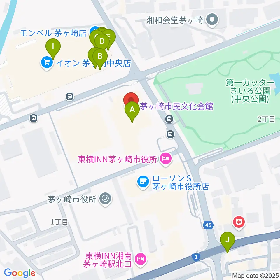 茅ヶ崎市民文化会館周辺のファミレス・ファーストフード一覧地図