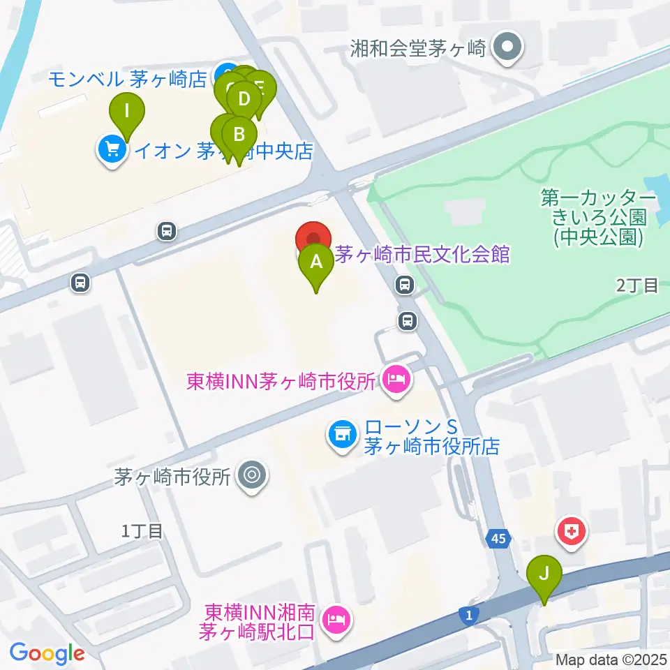 茅ヶ崎市民文化会館周辺のファミレス・ファーストフード一覧地図