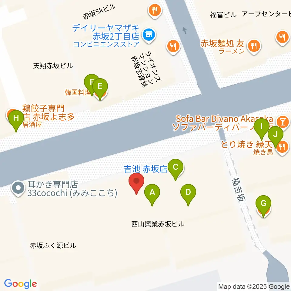 赤坂エルカミーノ周辺のファミレス・ファーストフード一覧地図