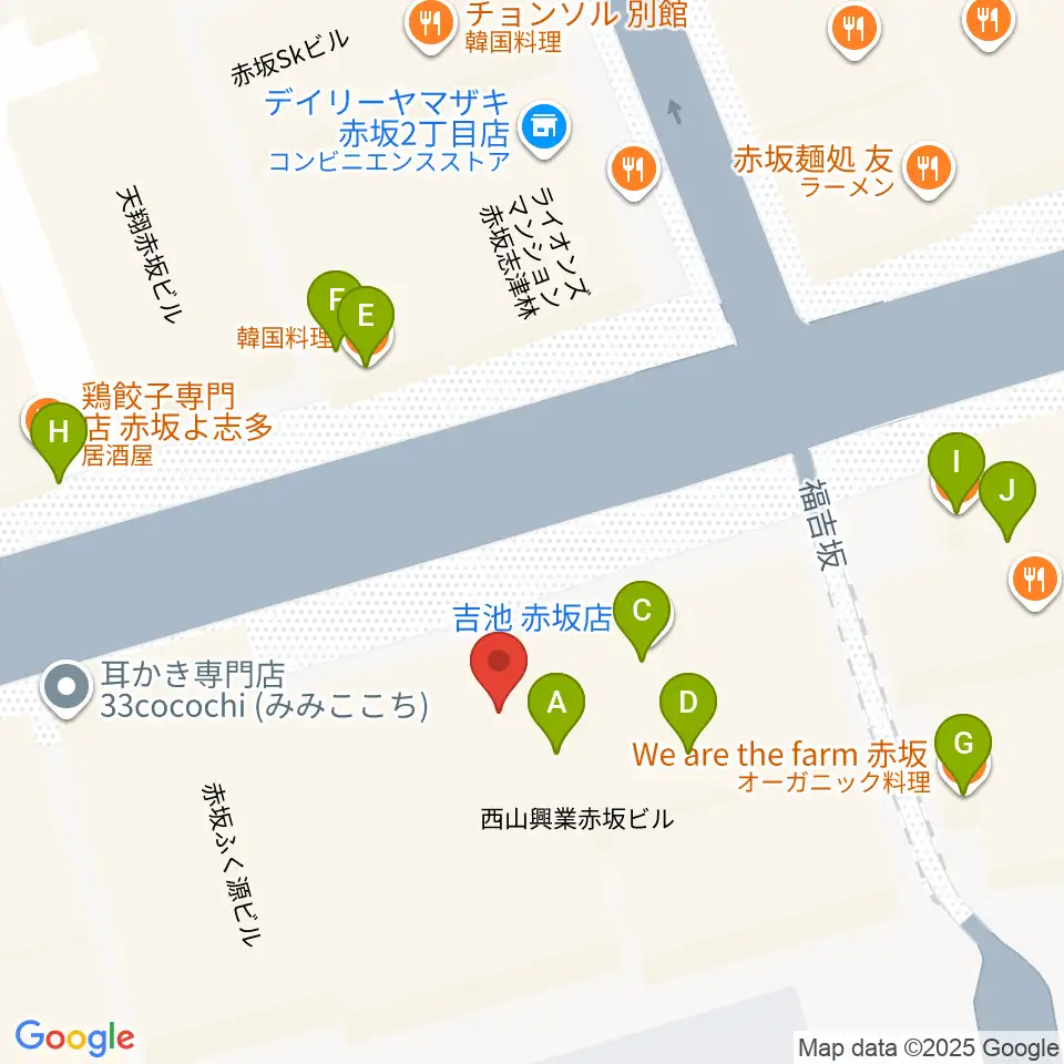 赤坂エルカミーノ周辺のファミレス・ファーストフード一覧地図