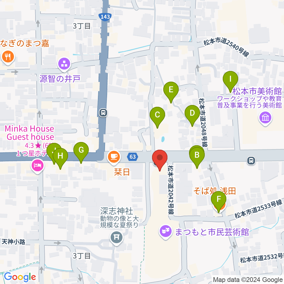 まつもと市民芸術館周辺のファミレス・ファーストフード一覧地図