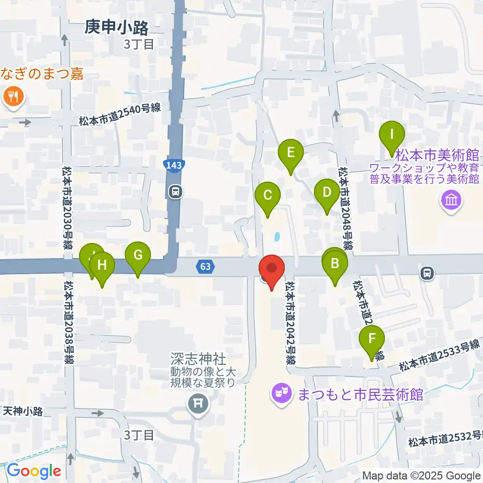 まつもと市民芸術館周辺のファミレス・ファーストフード一覧地図