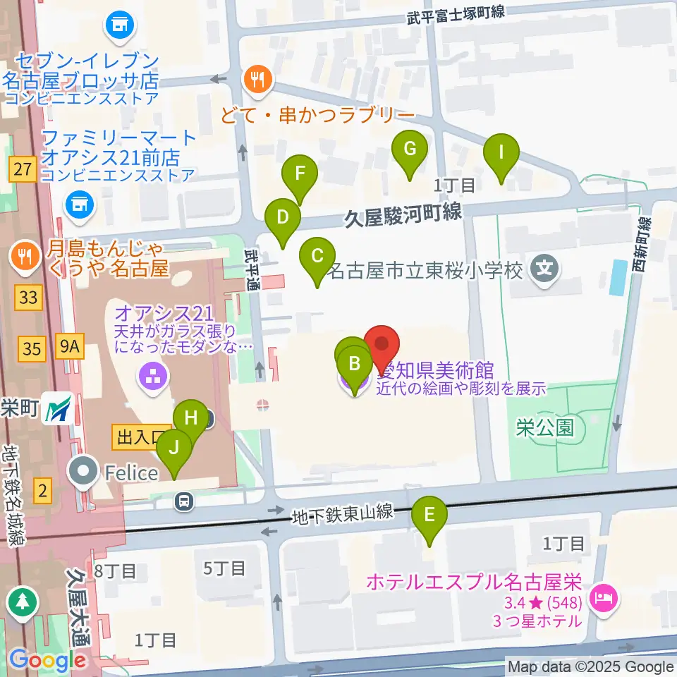 愛知県芸術劇場周辺のファミレス・ファーストフード一覧地図