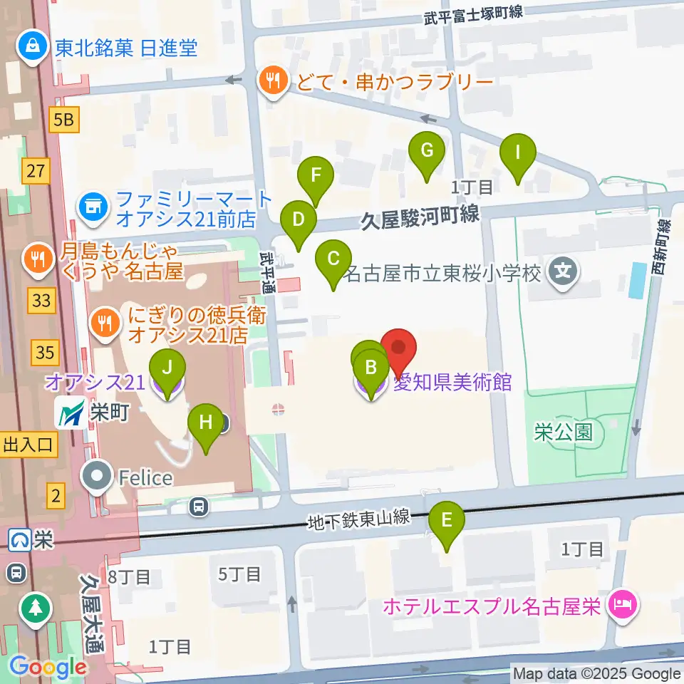 愛知県芸術劇場周辺のファミレス・ファーストフード一覧地図
